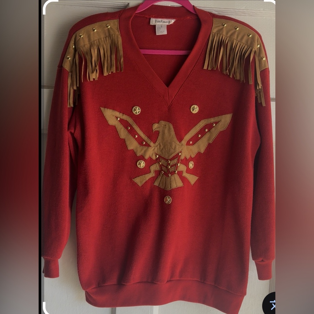 Vtg. Red Rafael Sweater with Tan Eagle Design and Fringe